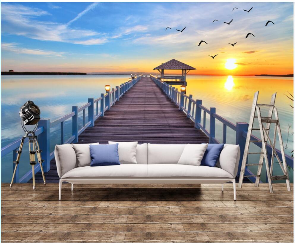 

Custom mural photo wallpaper 3d Beautiful seascape wooden bridge seagull home decor living room 3d wall murals wallpaper for walls 3 d, Non-woven wallpaper
