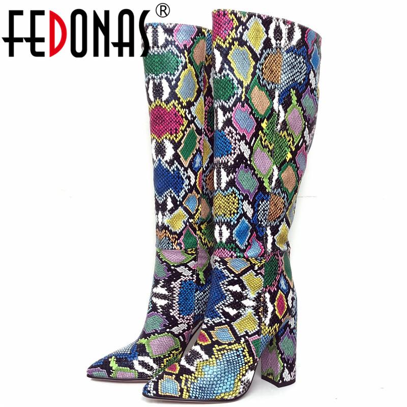 

FEDONAS Knee High Boots Woman Antumn Winter Warm High Heels Party Night Club Shoes Woman Snake Decoration Pointed Toe Boots, Multi
