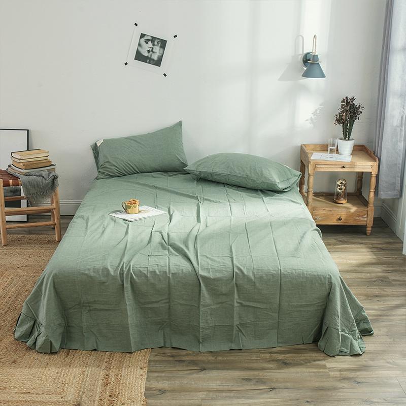 

100% Cotton Green Color Lotus leaf 3-piece set 1 Piece Flat Sheet 2 Piece Pillowcases Soft Bedding King Queen 245x270cm, Color20