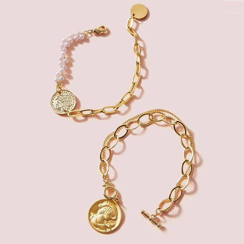 

Charm Bracelets Style Charming Alloy Coin Simulated-pearls Bracelet For Women Vintage Carving Head Simple Chains Jewelry1