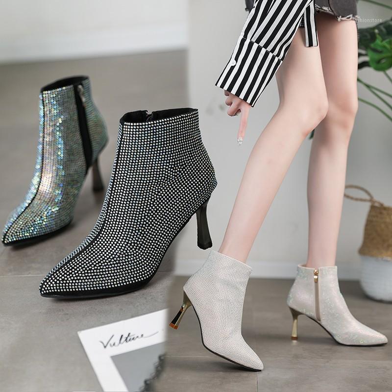 

European and American sexy evening rhinestone stiletto boots women's 2020 autumn and winter new fashion pointed high heels1, Beige