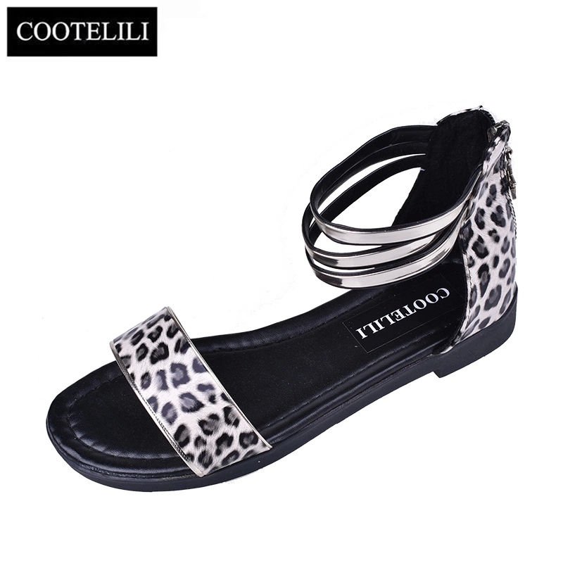 

COOTELILI 35-39 Fashion Summer Casual Sandals Open Toe Flats Women Shoes Narrow Band Solid Zip Ladies Sandals Leopard Girls #X30I, Black