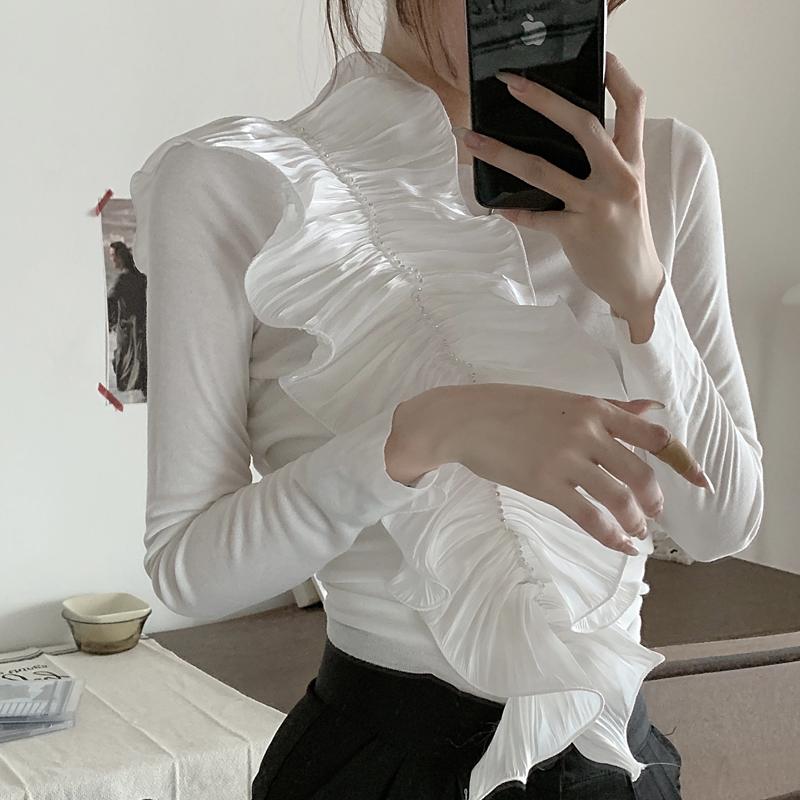 

Women's T-Shirt Slim Sexy Temperament O Neck Long Sleeve White T Shirts Women Ruffled Ropa Mujer Top Roupas Femininas Korean Fashion Tees
