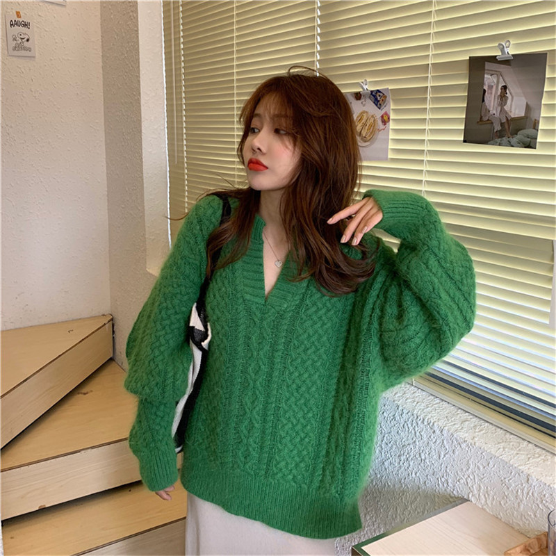

2021 New Korean Women's Blouse Sweet Retro-color Torsion, Tops Autumn Released with Cleavage Sleeve Long Pink Green Pullovers HUCQ