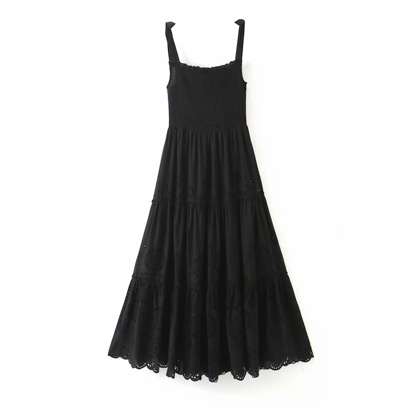 

2021 New Elegant Hollow Feminine Outward Frown Dress Long Summer Fashion Vintage Ladies Girdle Party Dresses Girly Chic Girls AONO, Black