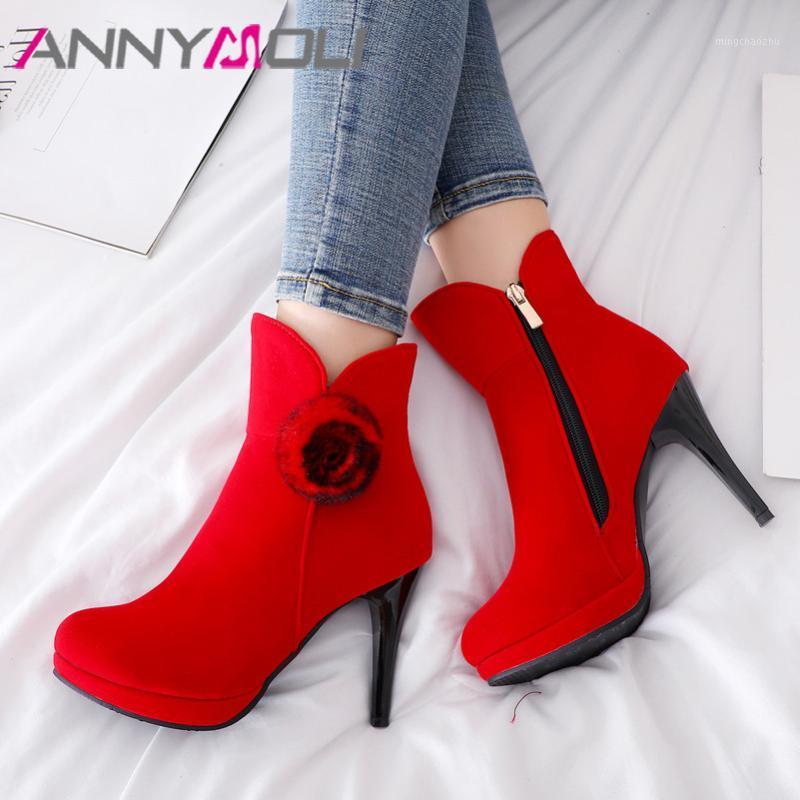 

ANNYMOLI Autumn Ankle Boots Women Boots Flower Stiletto Heels Short Sexy Super High Heel Shoes Lady Winter Red Size 33-431, Black