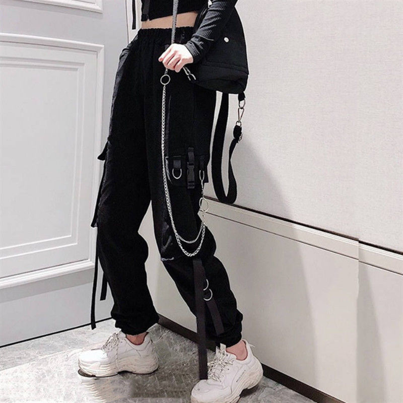 

Women Elastic Waistline Loosens Streetwear Cargo Women's Fashion Ankle-length Jogging Sports Ladies Plus Szie Pants Qu92, Black