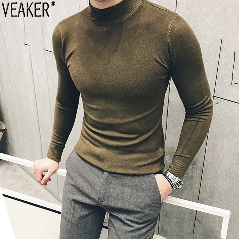 

2020 Autumn New Men's Turtleneck Sweaters Male Slim Fit Solid Color High Neck Sweater Men Long Sleeve Knitted Pullover Tops 3XL, Beige
