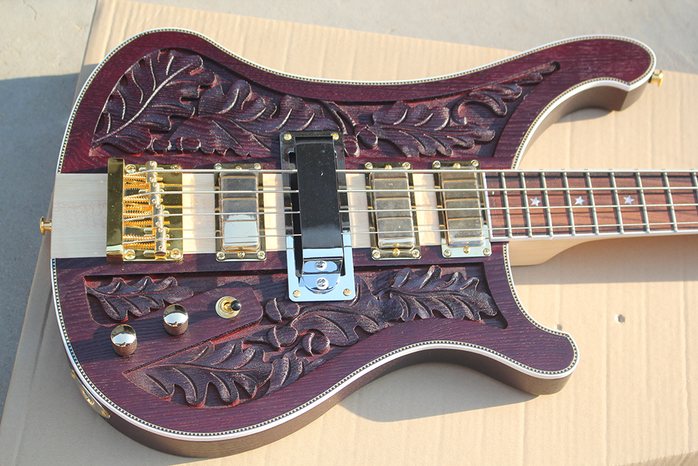 

Factory Dark Brown Electric Bass Guitar with 4 Strings and Gold Hardware, Leaves the three-dimensional sculpture,White Pearl Stars Inlay