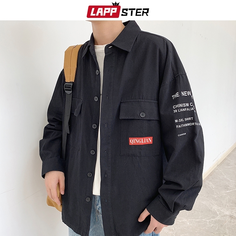 

LAPPSTER Men Streetwear Harajuku Cargo Shirts Hip Hop Men Button Up Shirt Long Sleeve Couple Black Vintage Fall Shirts 201120, Yellow