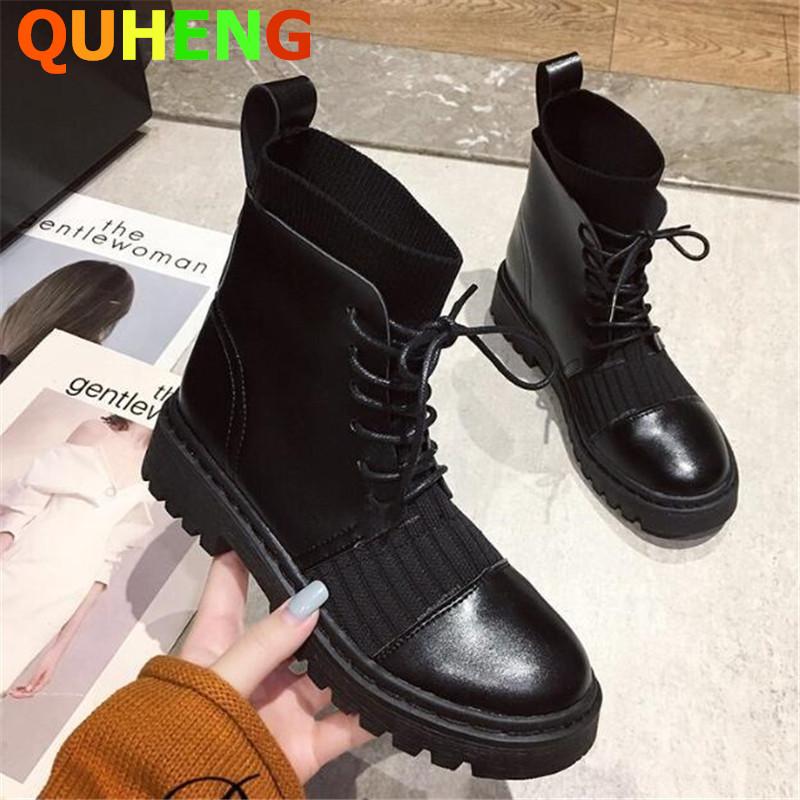 

Women Boots British Style 2020 Autumn New Knitted Stitching Boots Ladies Handsome Motorcycle Platform Short, Black