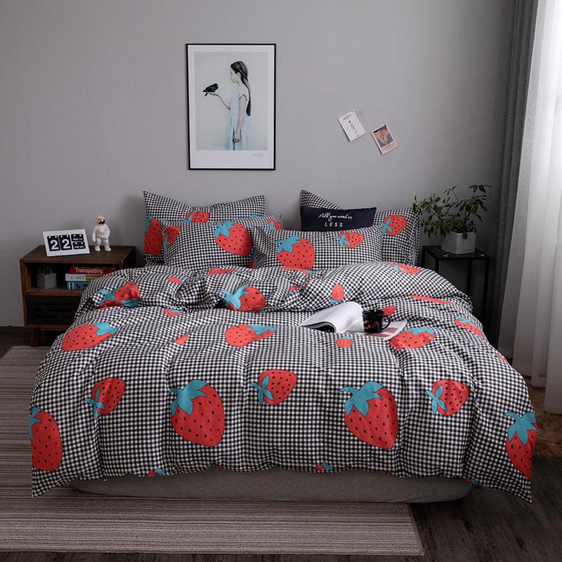 

Pure Cotton 13070 4pcs Bed Set Duvet Cover Flat Fitted Bed Sheet Pillowcases Strawberry Plaid Grey Yellow Flowers Queen Soft, 13