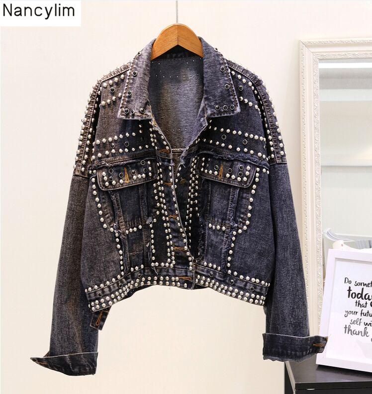 

Women' Jackets Hand Studded Rivet Denim Jacket Women Loose Short Ladies High Quality Jeans Basic Coats Student Streetwear, Blue