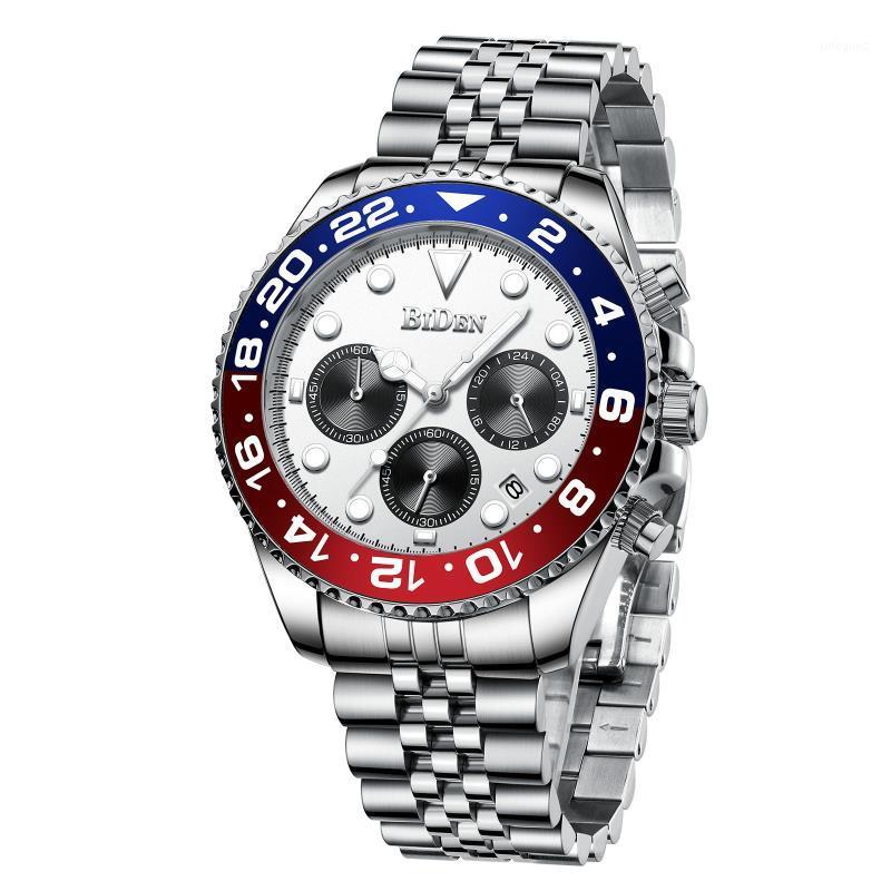 

Wristwatches Original BIDEN 0037-2 Watches Men Chronograph Male Sport Waterproof Stainless Steel Band Watch1, White dial