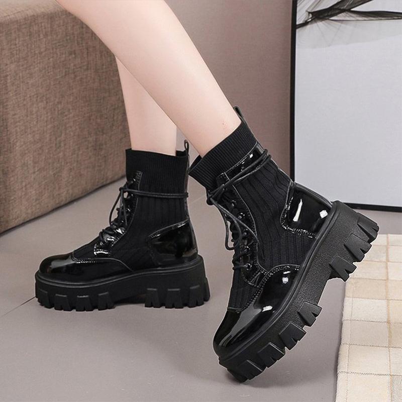

Women Winter Ankle Boots Knitted Fashion Platform Ladies Autumn Plush Warm Lace-up Short Botas 2021 Chunky Heels Female Shoes, Black with plush