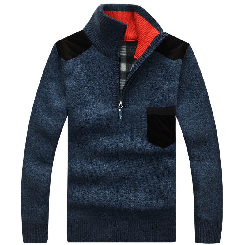 

Men's Sweaters Winter Mens Pullover Knitted Sweater Male Wool Fleece Thick Casual Patchwork Warm Pocket Standing Collar, Royal blue