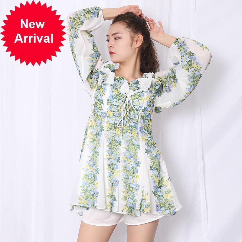 

New Fashion 2021 Lane Good Designer Beach Party Clothes Summer New Floral Imprint Chiffon Puff Long Sexy Sleeve with No Mini Back LJ25, Blue