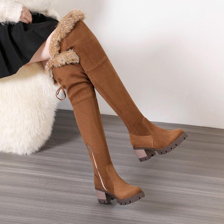 

Over-the-Knee Zip Solid Fashion Women Boots Retro Round Toe Buckle Long Boots Flock High Square Heel Casual Winter Shoes, Black