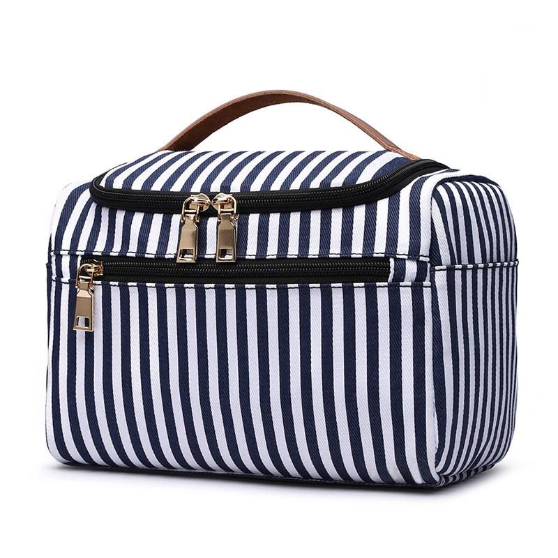 

Blue Striped Canvas Cosmetic Bag with Leather Handle Fashion Woman Washing Organizer Storage Travel Beautician Makeup Bag