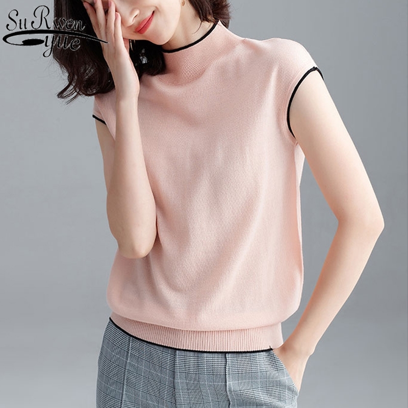 

New Knitted shirt Female Half Turtleneck Top Woman Candy Colors Inner Base Shirt Feminine Sleeveless Blouse Woman 9439 50 Y200828, Light pink