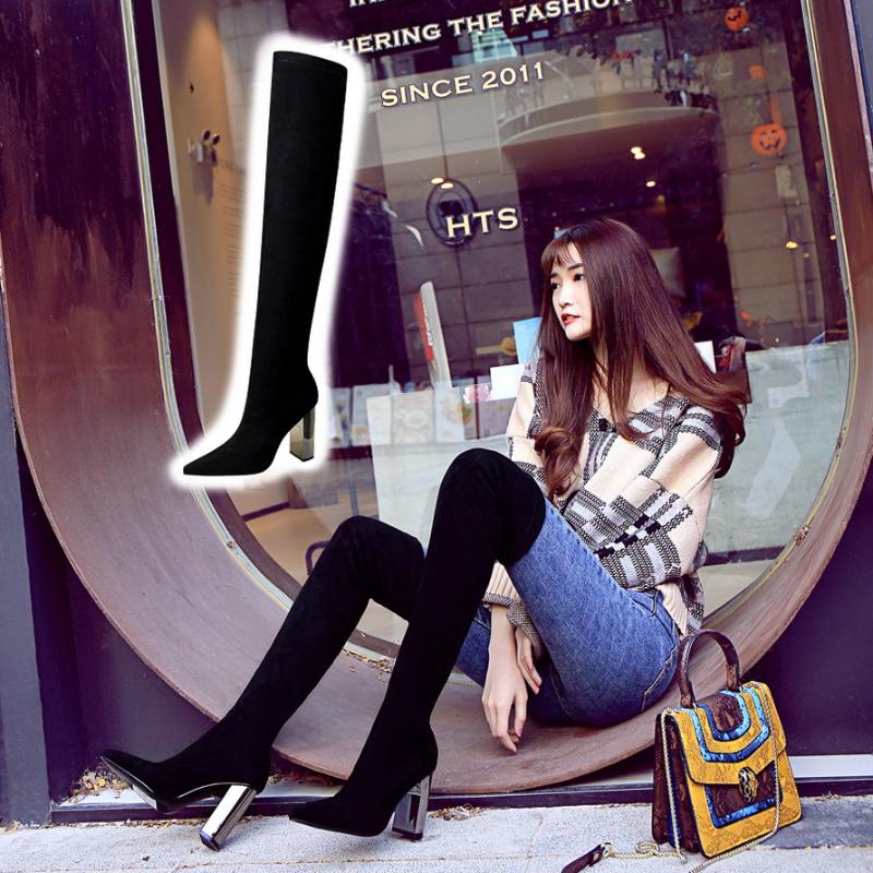 

fashion metal heel thick heel high suede pointy sexy nightclub slim legged boots, Black dan li