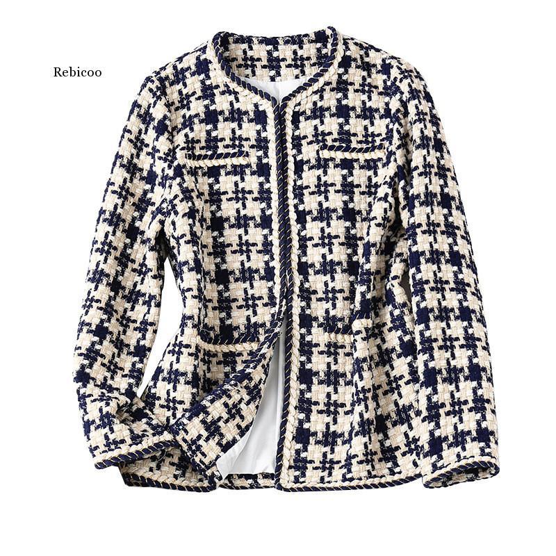 

European And American Slim And Loose Short Style Commuting Plaid Herringbone Pattern Stand-up Collar Jacket Female, Black and white grid