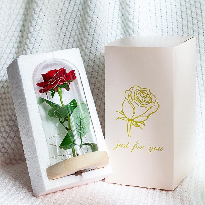 

Creative Gift Ornament Romantic Eternal Rose Flower Glass Cover LED Battery Lamp Birthday Valentine's Day Gift Home Decoration1, H01