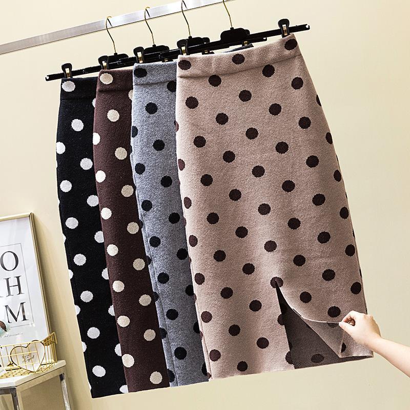 

2021 New Female crochet polk dot pencil Autumn high vintage winter divided thick elastic skirt y310 NYDS, Apricot