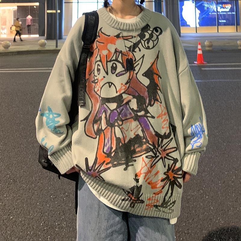 

Men Women Hip Hop Streetwear Harajuku Longsleeve Sweater Fashion Cartoon Korean Knitted Pullover Couple Tops Clothing Outerwear, White