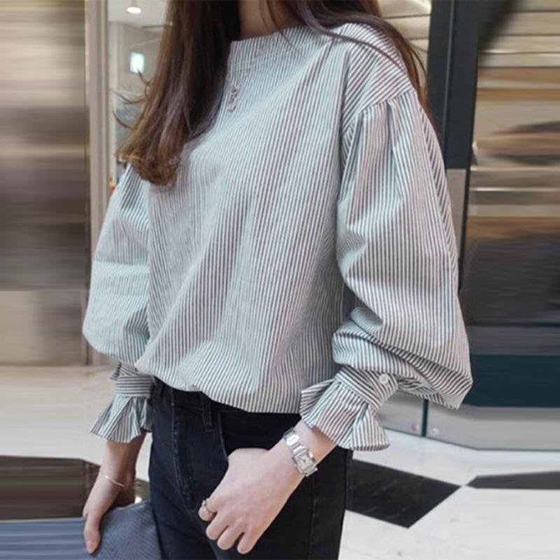 

Stripe Round Neck Lantern Sleeve Pullover Women Blouse Korean Spring Autumn Long Sleeve Office Ladies Causal Tops Shirts Tee, Blue