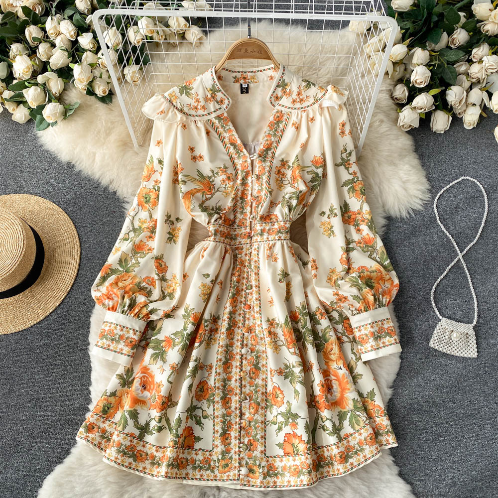 

Women New Fashion Spring Autumn Palace Retro Floral Print A-line Shirts Dress Ladies V-neck Single-row Buckle Slim Vestidos 2022, Same as picture
