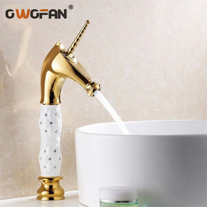 

Basin Faucets Horse Head Solid Brass Bathroom Sink Taps Crystal Glass Decorative Deck Mounted Hot and Cold Washbasin Tap HJ-819K