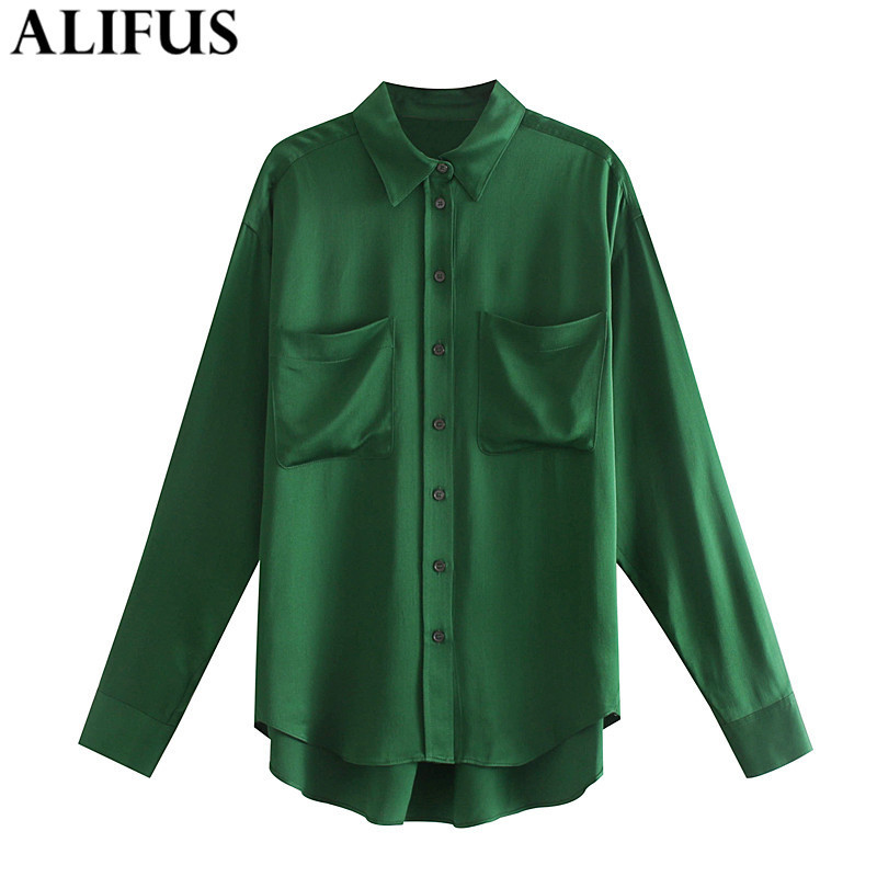 

Fashion Za Women 2019 Autumn Solid Shirt Pocket Casual Turn-down Collar Shirts Blouses Loose Ladies Long Sleeve Blusas Tops T200321, Beige