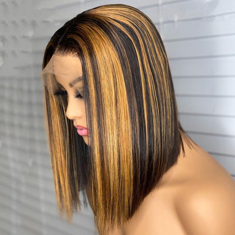 

13x4/2x6 1B/27 Ombre Highlight Color Closure Wig Bob Wig Lace Front Human Hair Wigs for Women Brazilian Remy With Baby Hair, 2x6lace middle part