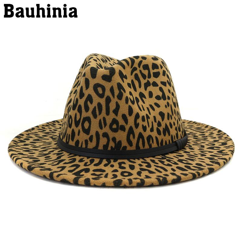 

Wide Brim Hats Bauhinia Unisex Flat Wool Felt Jazz Fedora Men Women Leopard Grain Leather Hat, Army green