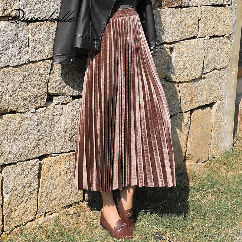 

3XL Plus Size Velvet Skirt Women Vintage Autumn Winter High Waisted Elegant Maxi Skirts Female Skinny Pleated Skirt Peacock Blue Y200704, Champagne