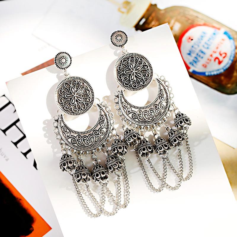 

Classical Silver Color Bell Earrings For Women Handmade Traditional Long Chain Geometric Ladies Earrings