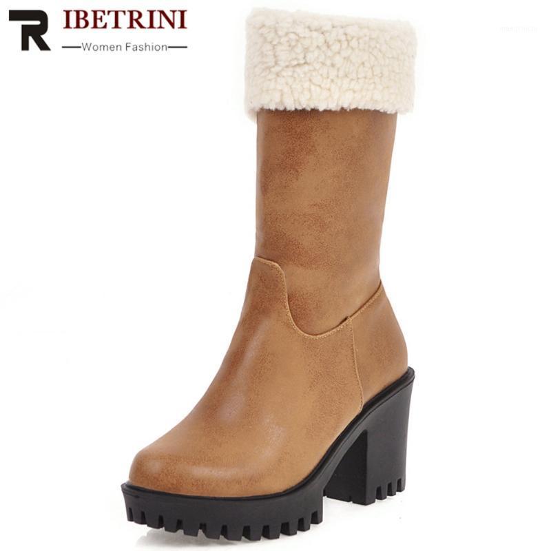 

RIBETRINI On Sale Ladies Solid Boots High Heel Warm Plush New Comfy Mid Calf Boots Women Block Heel Fluffy Winter Shoes Woman1, Black