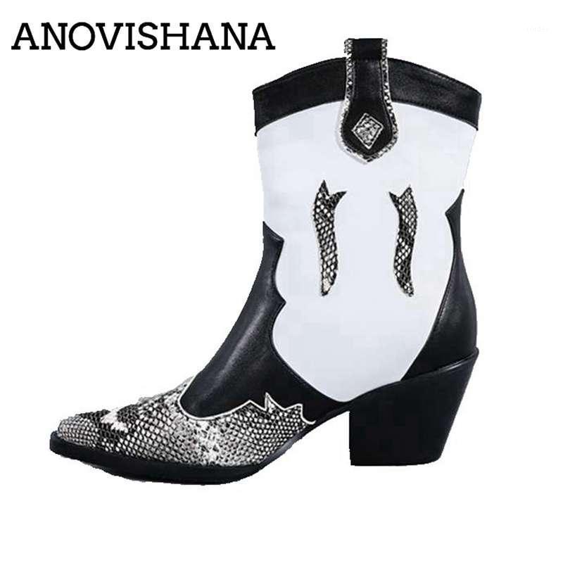 

ANOVISHANA Winter Fall Women boots designed Wide Calf Boots block heel pointed toe slip on leather shoes patchwork runway shoes1, Black dan