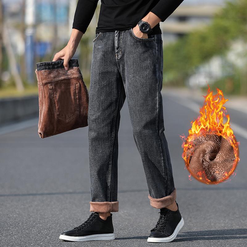 

Winter Men Jeans Thicken Warm Fleece Business Casual Stretch Denim Retro Classic Loose Fashion Gray Pants Big Size -40 44,046R, Grey