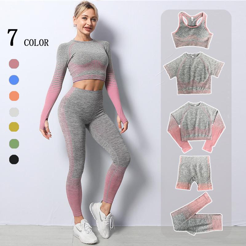 

2/3/5pcs Seamless Women Yoga Set Gym Set Fitness Sports Bra Crop Top Long Sleeve High Waist Leggings Workout Gym Clothes, 2c-pink