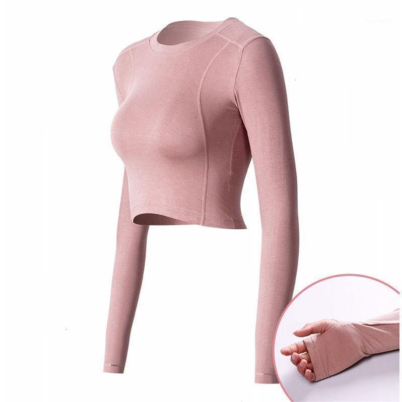 

European and American spring and autumn round neck yoga clothes sexy tight navel running fitness long sleeve women' top1, Pink-1