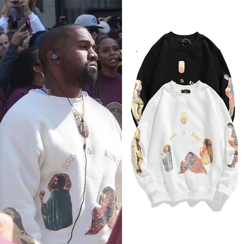 

Kanye West Men Streetwear Pullovers Jesus Is King Print Pullover Hoodie Plus Velvet Hip Hop Bieber Sweatshirts Q0105, Black
