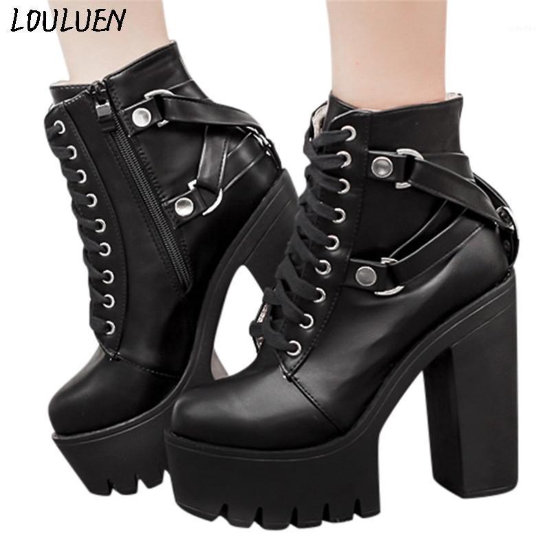 

LOULUEN 2020 Boots Retro Fashion Lady Lace Up Shoe Soft Leather Platform Shoe Party Ankle Boot High Heels Roman Laarzen Bottes #1, As pic