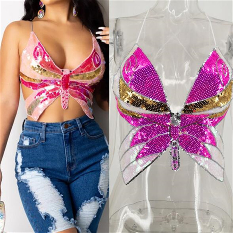 

Women Glitter Tops Clubwear Butterfly-shaped Sequin Halter Top Sexy Deep V-neck Backless Crops Top Sling Vest for Summer Wear 56EA