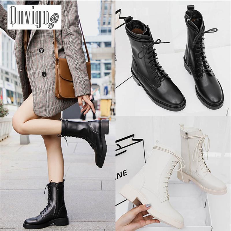 

Qnvigo Ankle Boots Leather Plus Size Black White Ankle Boots For Women Lace Up Fashion Platform Warm Plush Fur Winter 202, Black plush