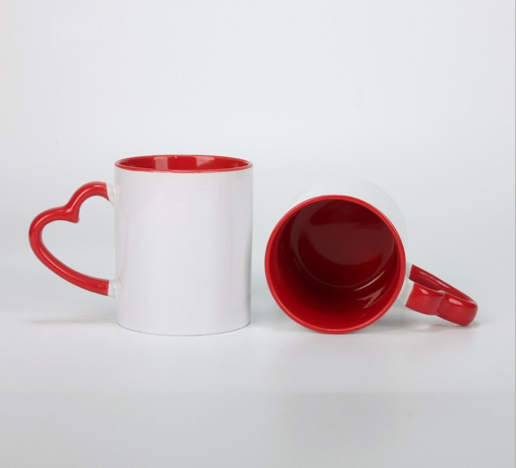 

DIY Sublimation 11oz Ceramic Mug with Heart Handle 320ml White Cups with Colorful Inner Coating Special Water Bottle Coffee Pottery