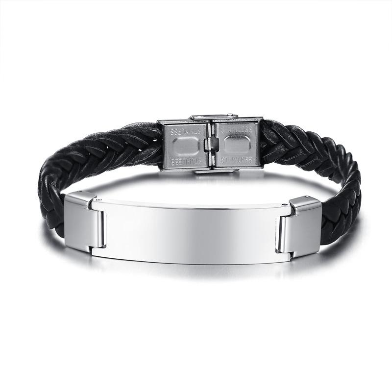 

Metal leather braided bracelet bracelet 21CM stainless steel curved PU hand rope black can be engraved