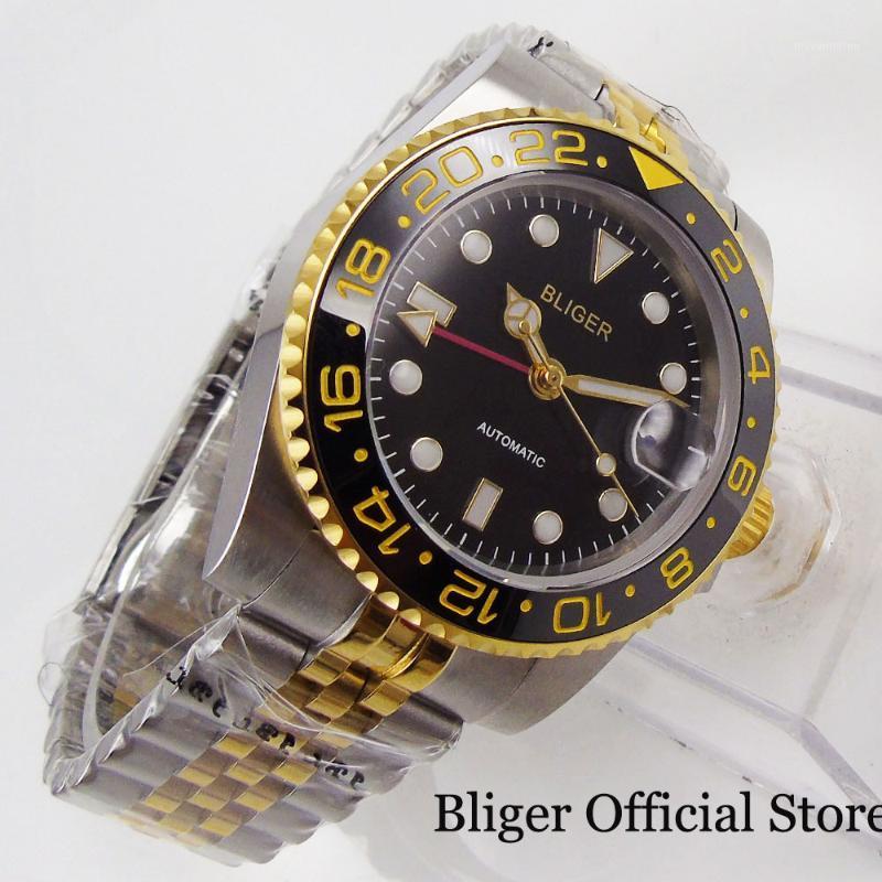 

BLIGER Gold Coated Automatic Men Watch GMT Model Sapphire Glass Rotating Bezel Jubilee Band Ceramic Bezel1, Nologo