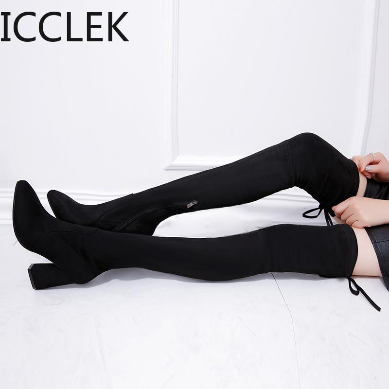 

2020 New Flock Leather Women Over The Knee Boots Lace Up Sexy High Heels Autumn Woman Shoes Winter Women Boots, Black
